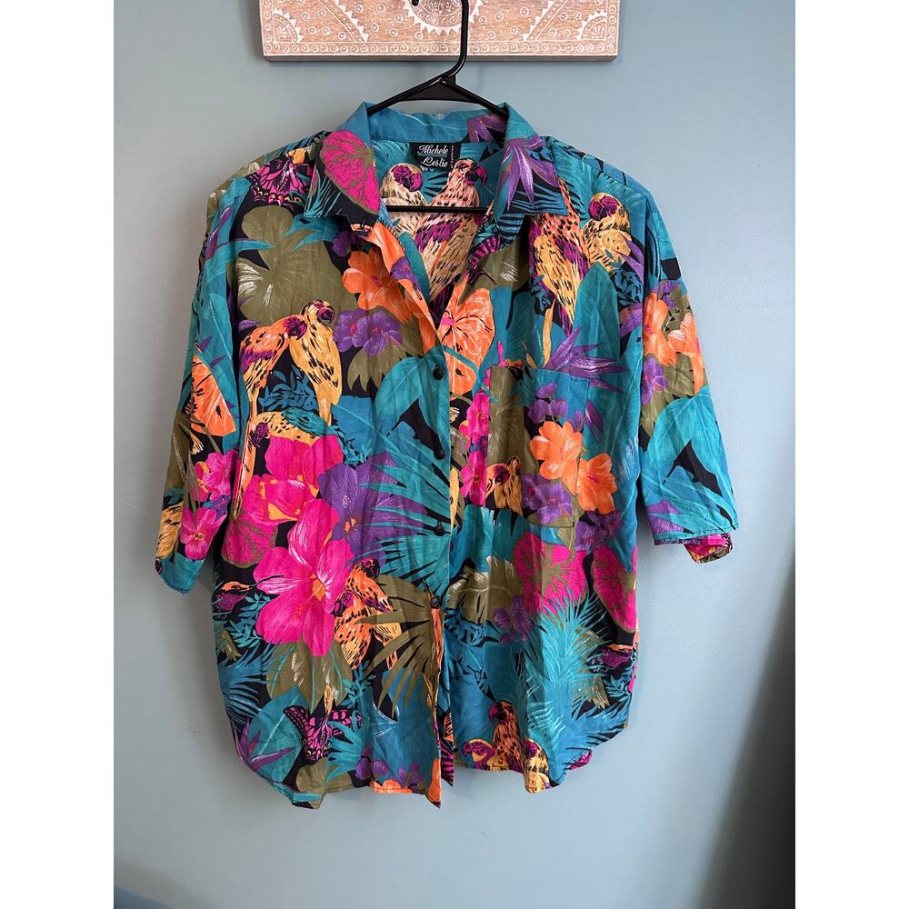 Michele Leslie of California Vintage Tropical Bird Floral Button Down Shirt